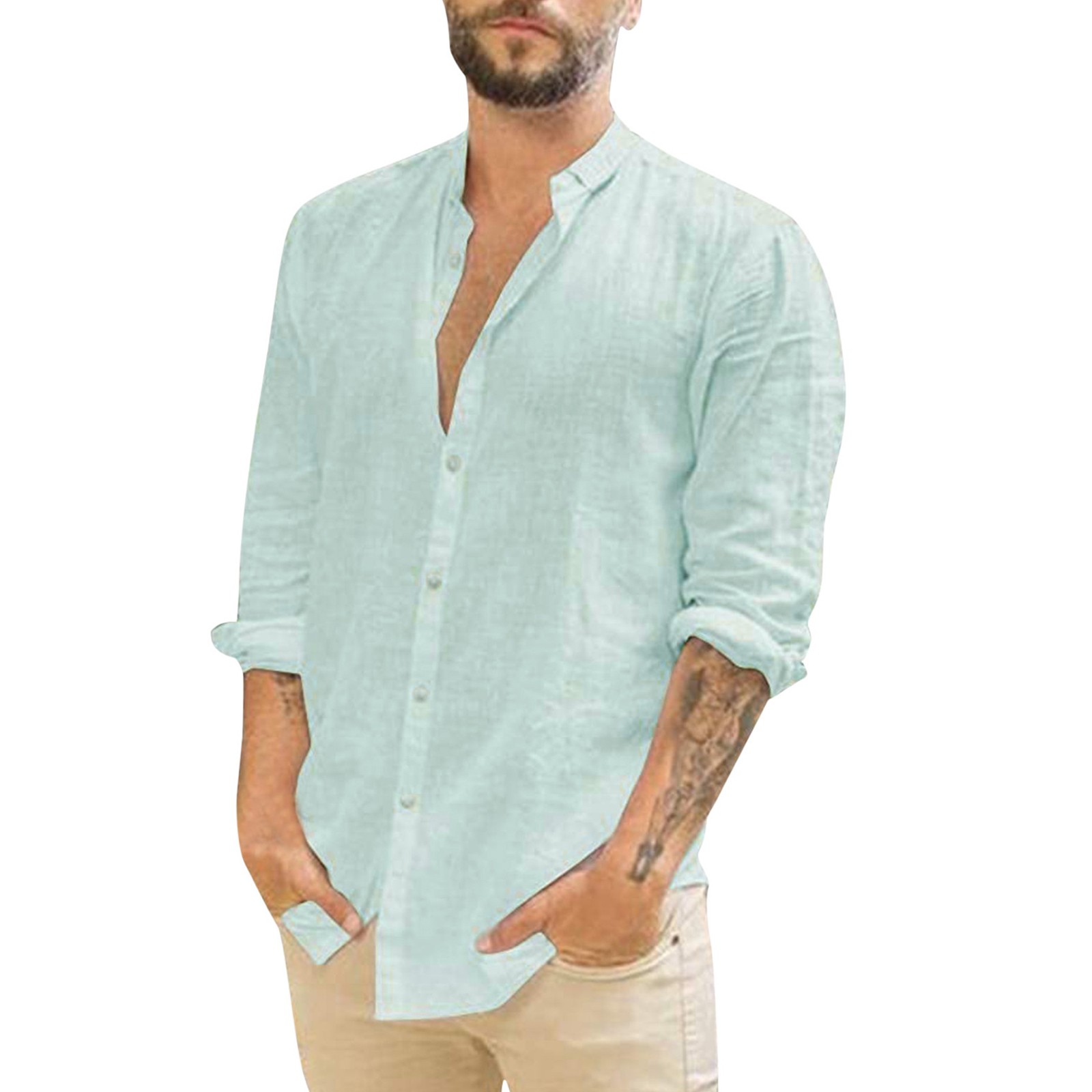 thumbnail image 2 of Camisa de manga larga con cuello vuelto para hombre - Diseño liso - Algodón - Informal para todas las estaciones - Tallas M-XXXL, 2 of 5
